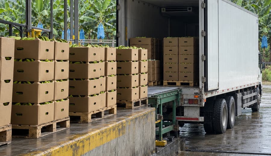 Un camión con contenedor refrigerado junto a la plataforma de carga de una finca, con palets de cajas listos para subir.